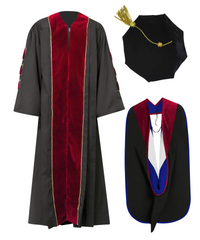 Super Deluxe Red Doctoral Gown Tam & Hood - with Gold Piping