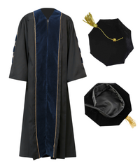 Super Deluxe Doctoral Gown Tam - Navy Blue Trim with Gold Piping