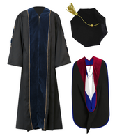 Super Deluxe Navy Blue Doctoral Gown Tam & Hood - with Gold Piping