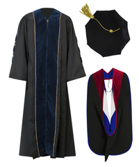 Super Deluxe Navy Blue Doctoral Gown Tam & Hood - with Gold Piping