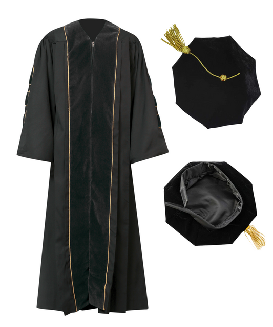 Super Deluxe Doctoral Gown Tam -Black Trim with Gold Piping