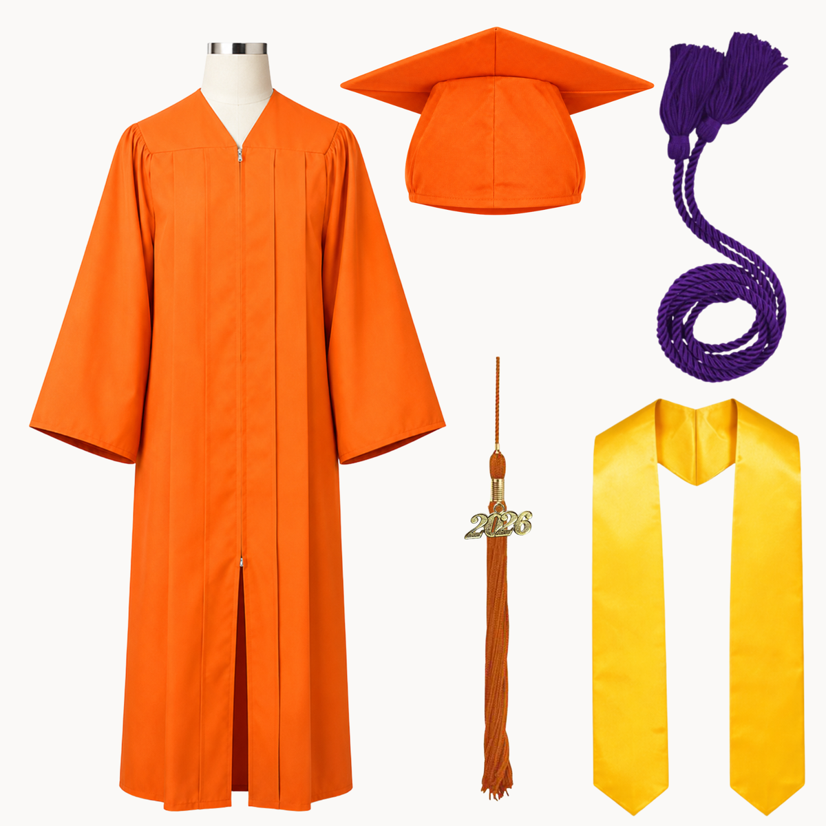 High School Graduation Cap, Gown, Tassel, Stole & Honor Cord Package | 15 Colors