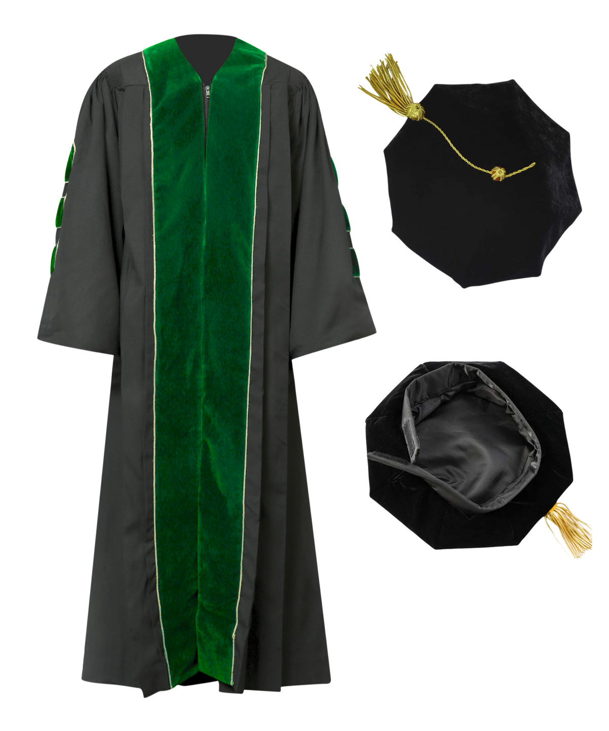 Super Deluxe Doctoral Gown Tam - Emerald green Trim with Gold Piping