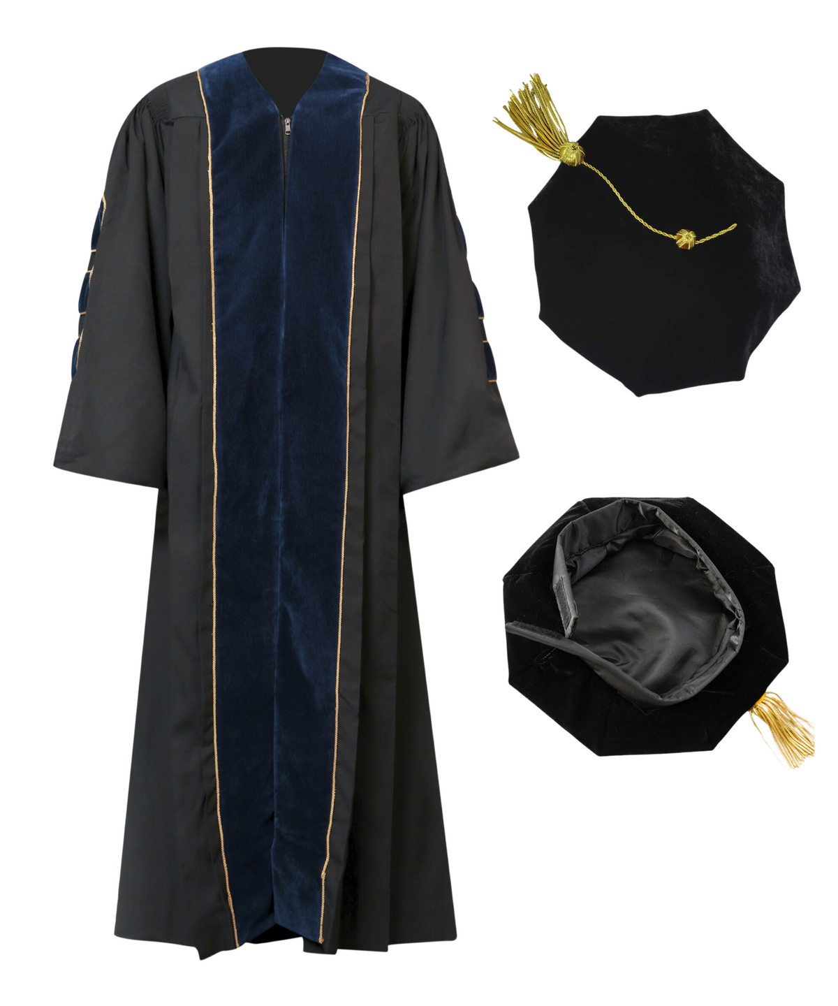 Super Deluxe Doctoral Gown Tam - Navy Blue Trim with Gold Piping