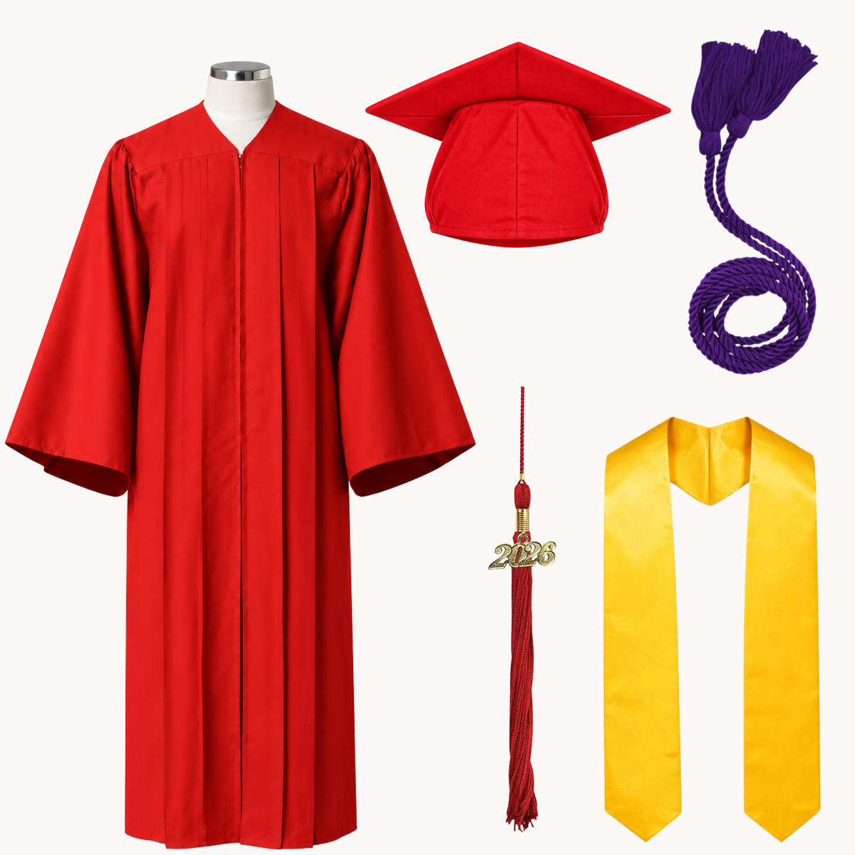 High School Graduation Cap, Gown, Tassel, Stole & Honor Cord Package | 15 Colors