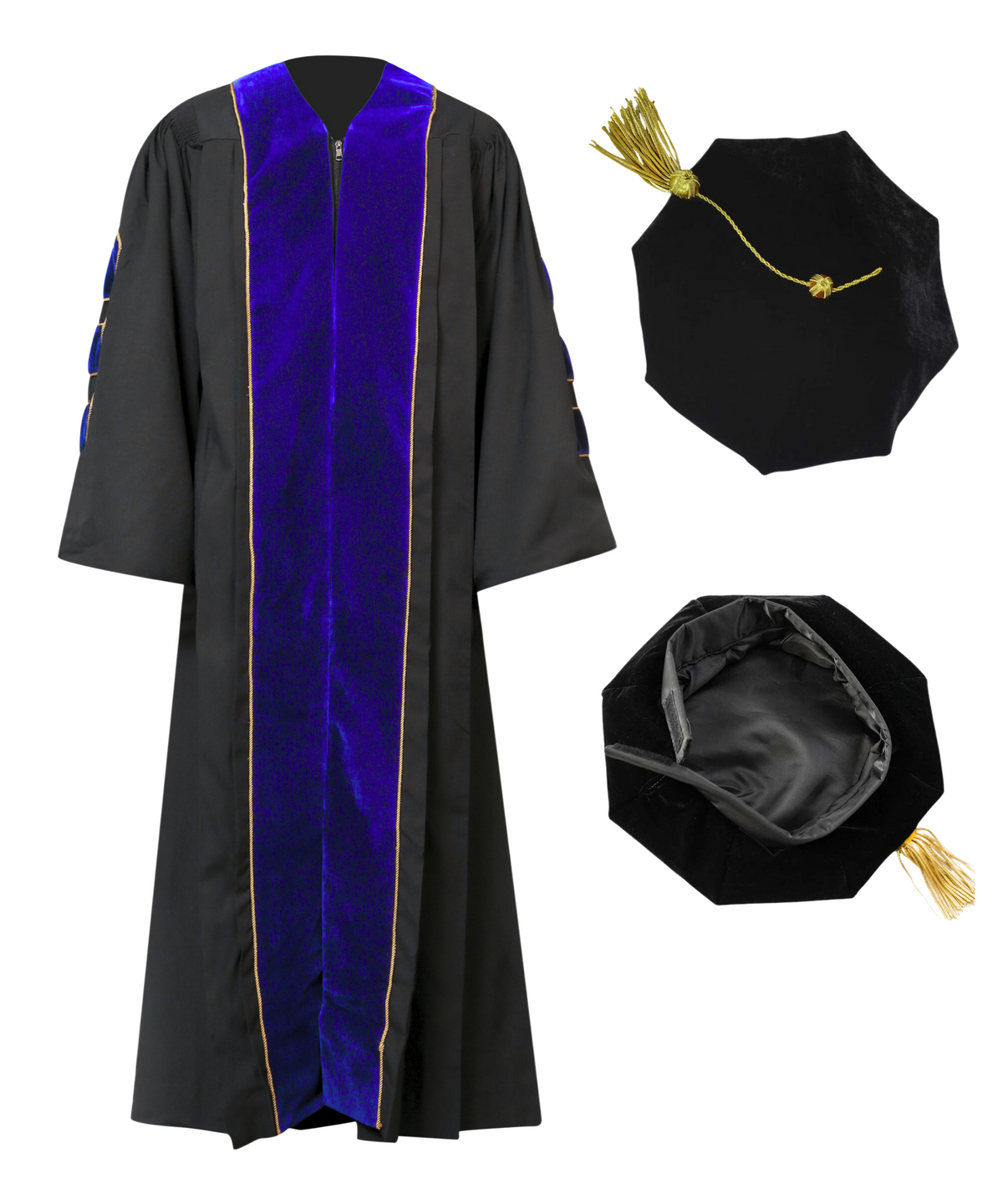 Super Deluxe Doctoral Gown Tam - Royal Blue Trim with Gold Piping