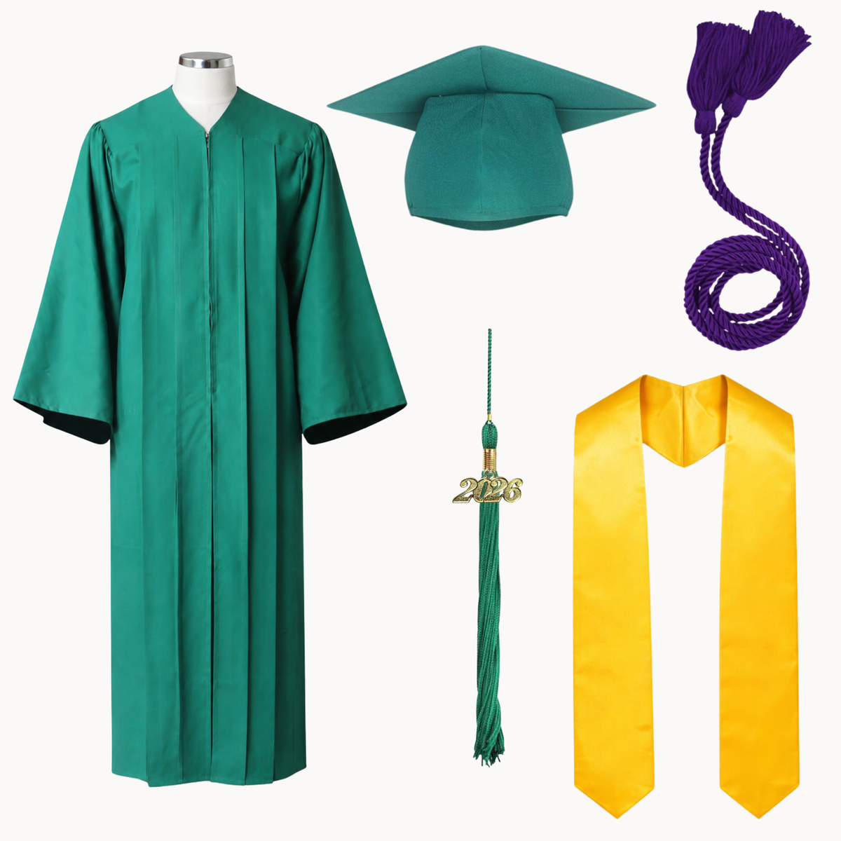High School Graduation Cap, Gown, Tassel, Stole & Honor Cord Package | 15 Colors
