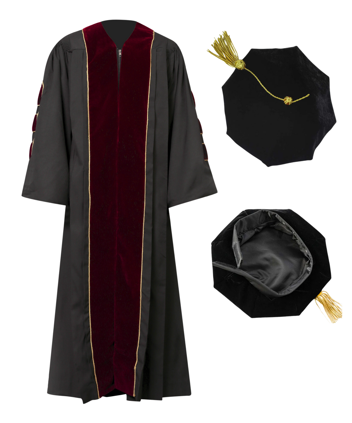 Super Deluxe Doctoral Gown Tam - Maroon Trim with Gold Piping