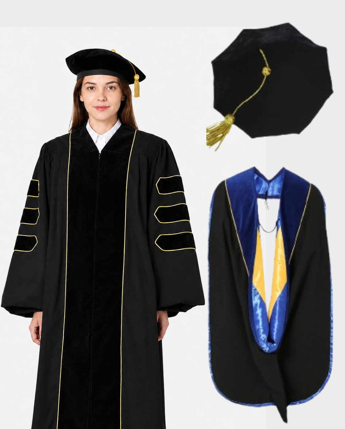 Super Deluxe Black Doctoral Gown Tam & Hood - with Gold Piping