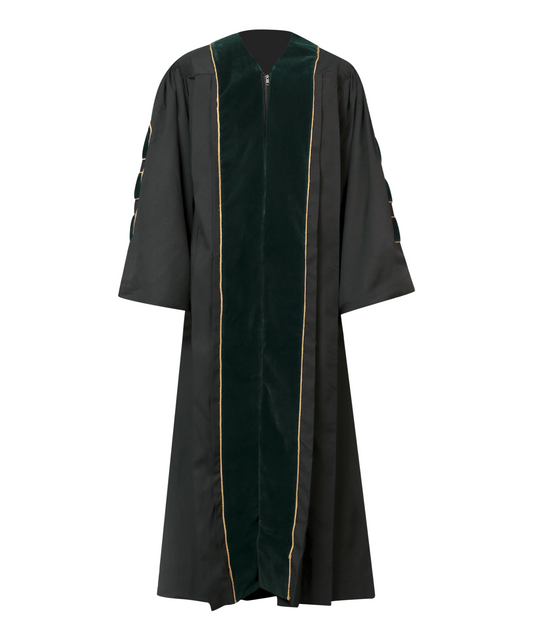 Super Deluxe Forest Green Doctoral Gown Tam & Hood - with Gold Piping
