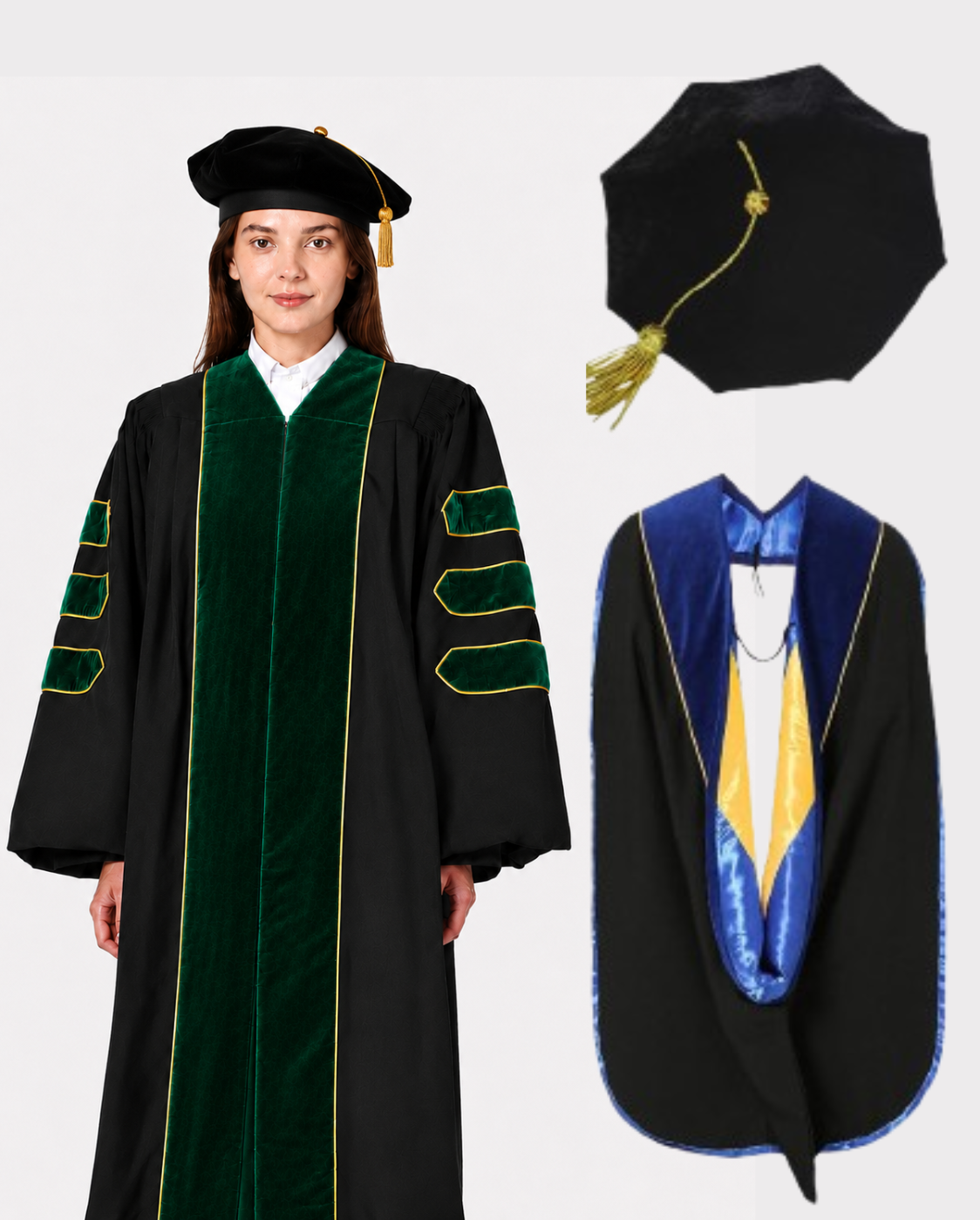 Super Deluxe Emerald Green Doctoral Gown Tam & Hood - with Gold Piping