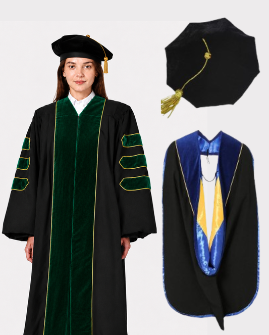 Super Deluxe Emerald Green Doctoral Gown Tam & Hood - with Gold Piping