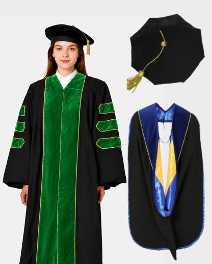 Super Deluxe kelly Green Doctoral Gown Tam & Hood - with Gold Piping
