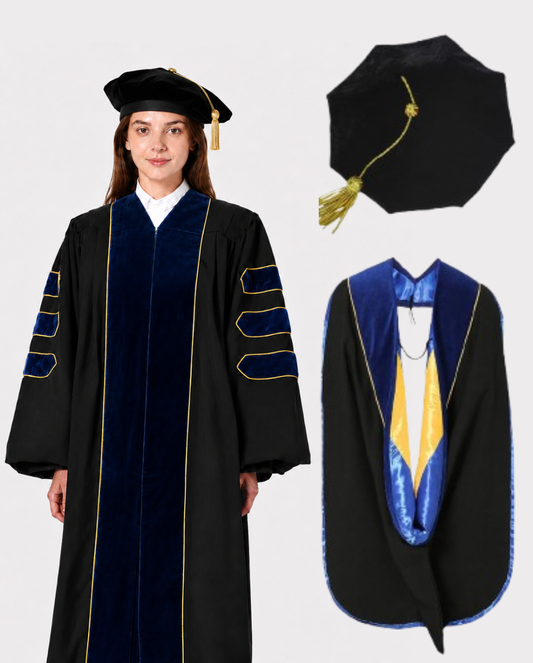 Super Deluxe  Navy Blue Doctoral Gown Tam & Hood - with Gold Piping