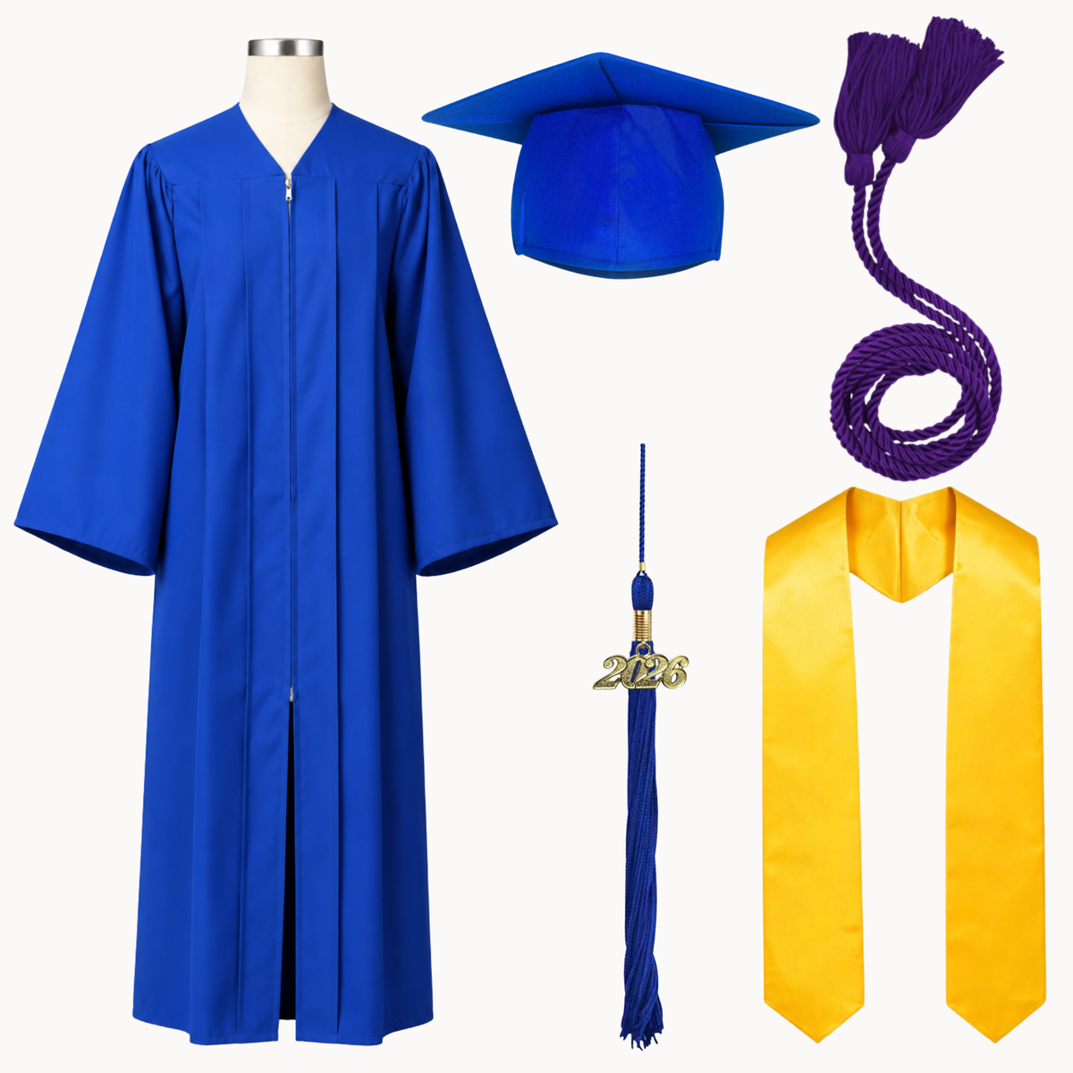 High School Graduation Cap, Gown, Tassel, Stole & Honor Cord Package | 15 Colors