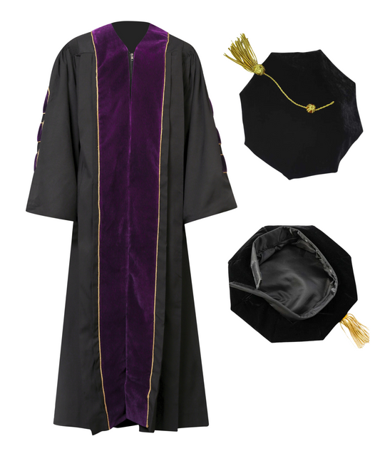 Super Deluxe Doctoral Gown Tam -Purple Trim with Gold Piping
