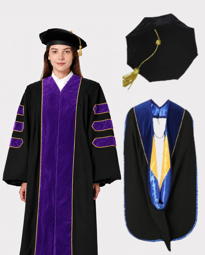 Super Deluxe  Purple Doctoral Gown Tam & Hood - with Gold Piping