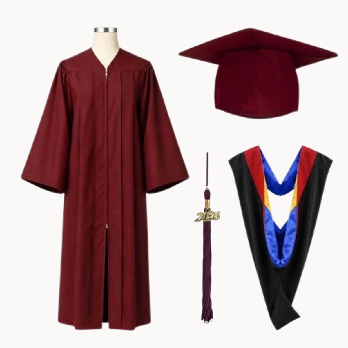 Classic Matte Gathered Bachelor Graduation Gown, Cap, Tassel & Hood Package