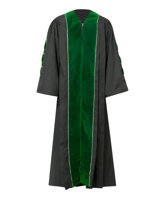 Super Deluxe Doctoral Gown Tam - Emerald green Trim with Gold Piping