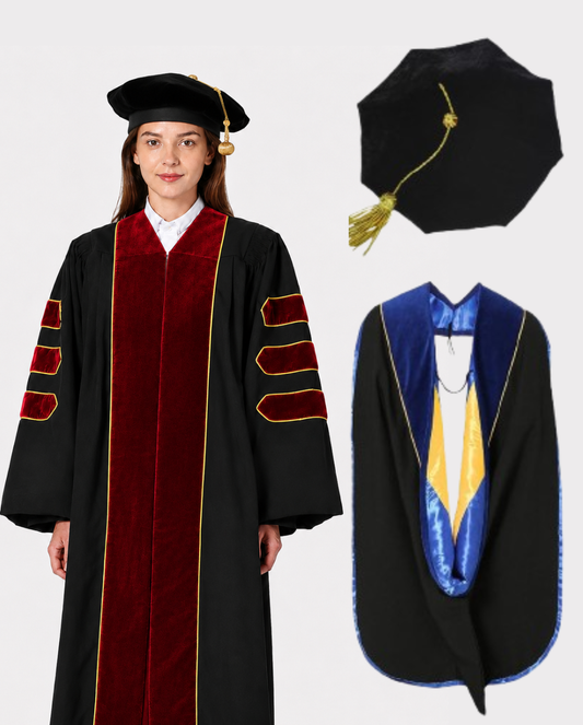 Super Deluxe Red Doctoral Gown Tam & Hood - with Gold Piping