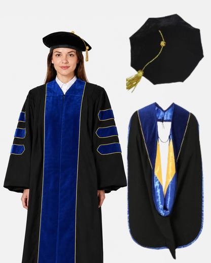 Super Deluxe  Royal Blue Doctoral Gown Tam & Hood - with Gold Piping