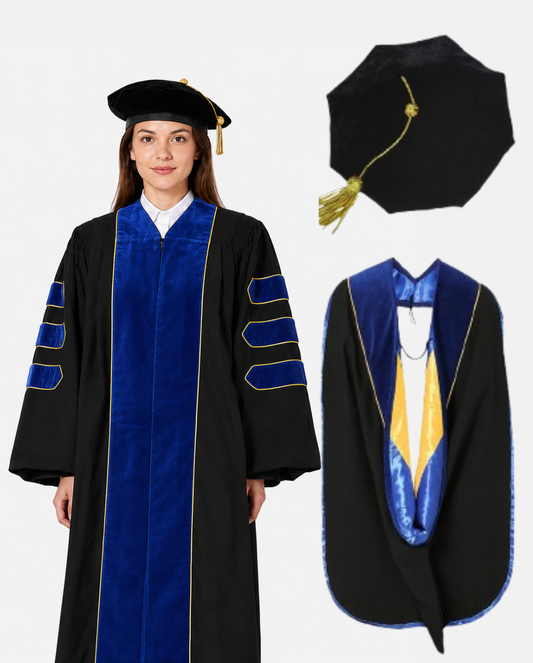 Super Deluxe  Royal Blue Doctoral Gown Tam & Hood - with Gold Piping