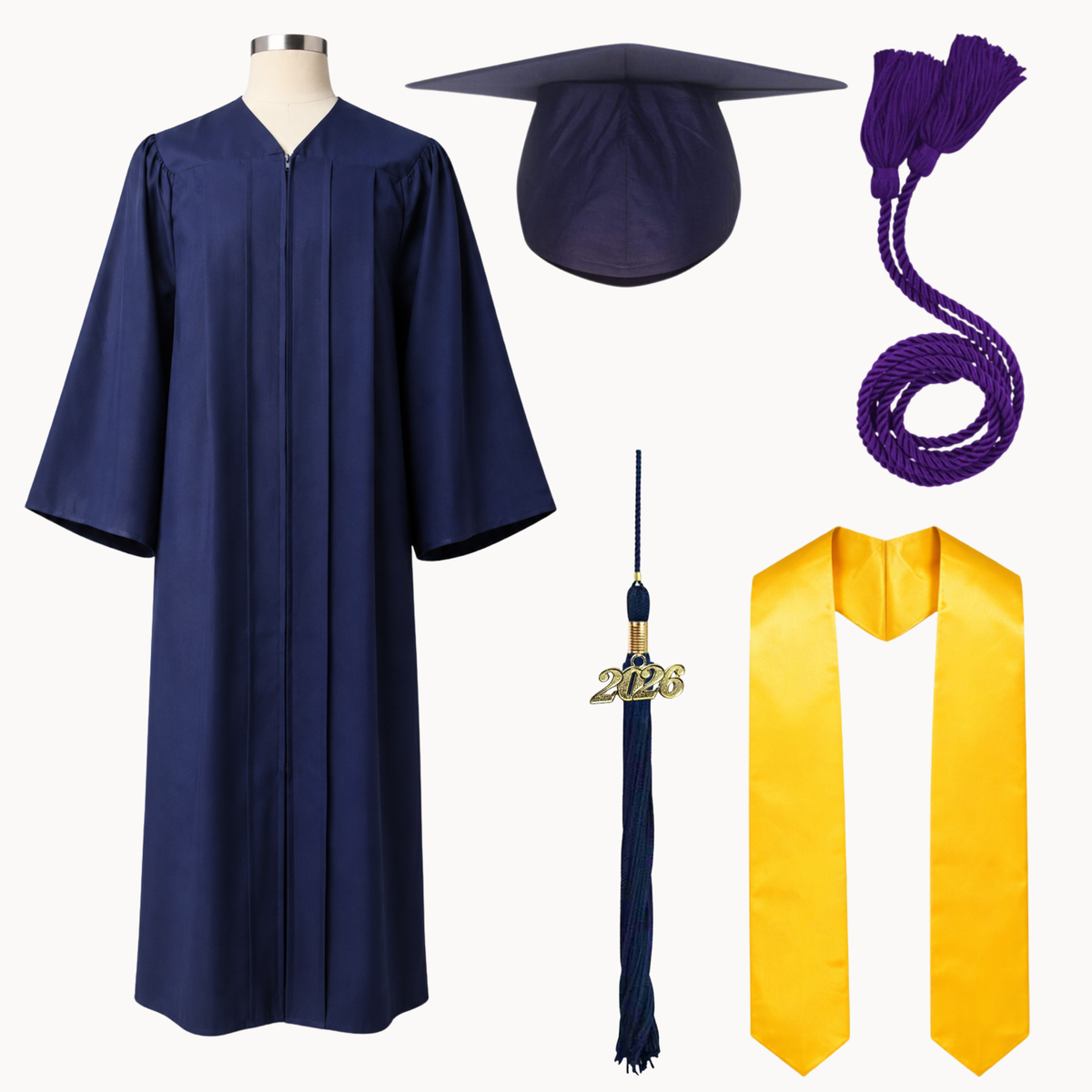 High School Graduation Cap, Gown, Tassel, Stole & Honor Cord Package | 15 Colors