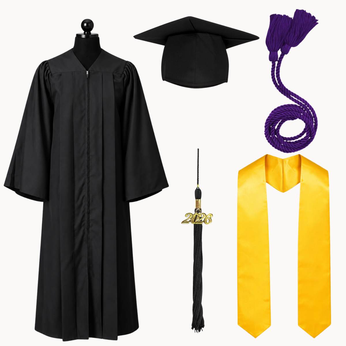 High School Graduation Cap, Gown, Tassel, Stole & Honor Cord Package | 15 Colors
