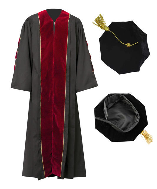 Super Deluxe Doctoral Gown Tam - Scarlet Trim with Gold Piping