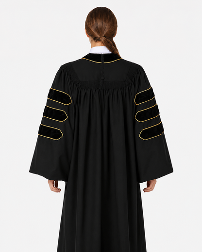 Super Deluxe Black Doctoral Gown Tam & Hood - with Gold Piping