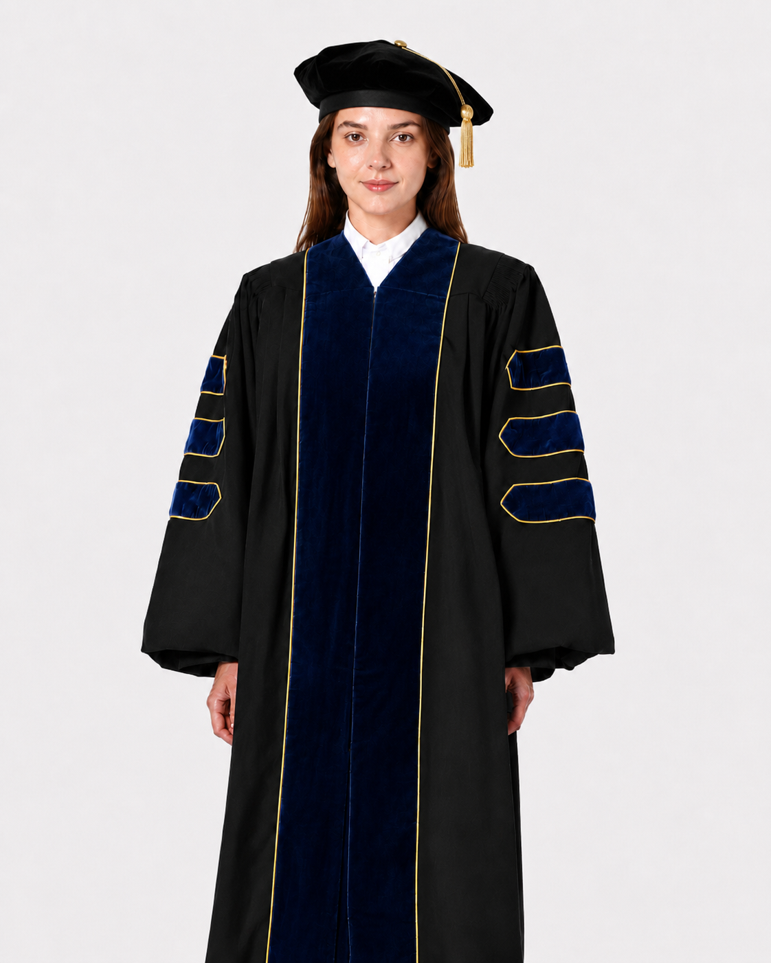 Super Deluxe Doctoral Gown Tam - Navy Blue Trim with Gold Piping