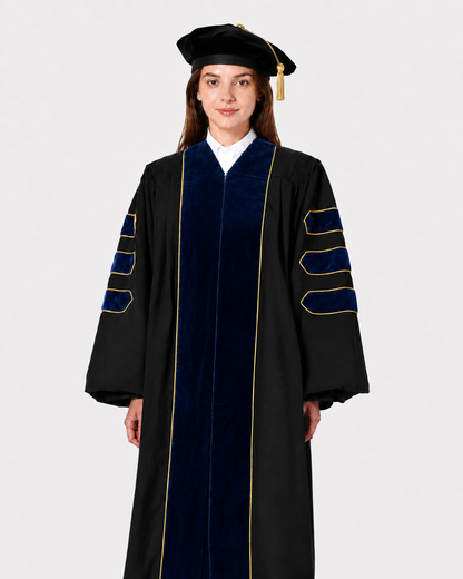 Super Deluxe Doctoral Gown Tam - Navy Blue Trim with Gold Piping