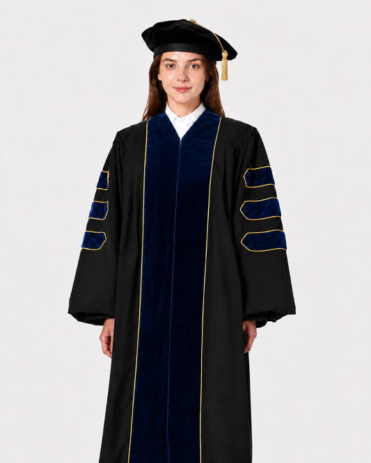 Super Deluxe Doctoral Gown Tam - Navy Blue Trim with Gold Piping