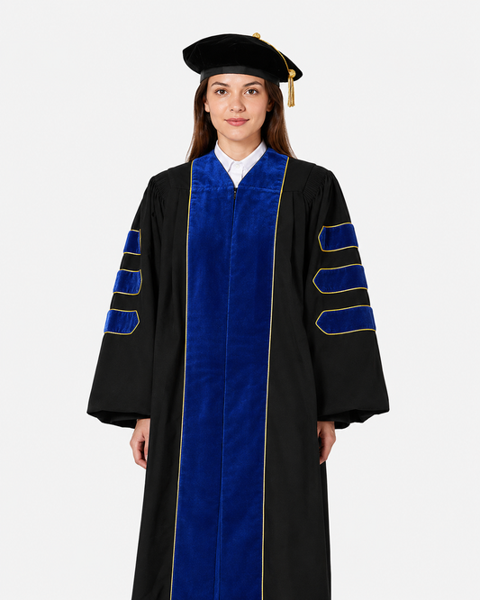 Super Deluxe Doctoral Gown Tam - Royal Blue Trim with Gold Piping