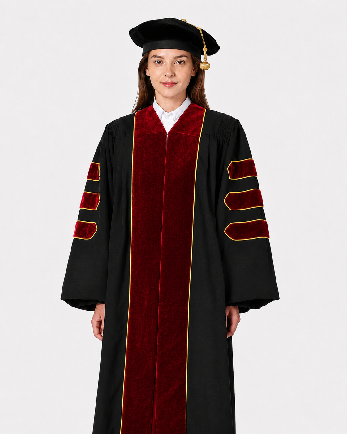 Super Deluxe Doctoral Gown Tam - Scarlet Trim with Gold Piping
