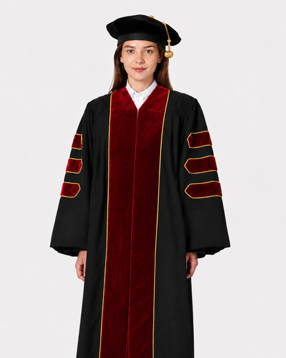 Super Deluxe Doctoral Gown Tam - Scarlet Trim with Gold Piping