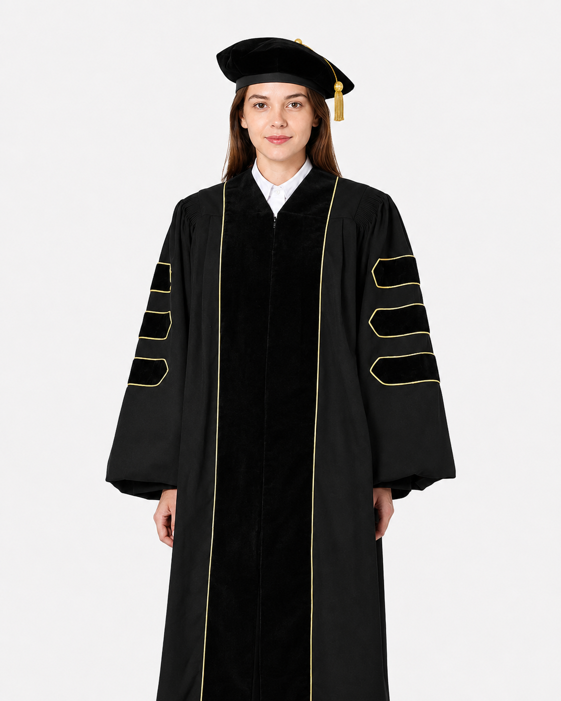 Super Deluxe Doctoral Gown Tam -Black Trim with Gold Piping