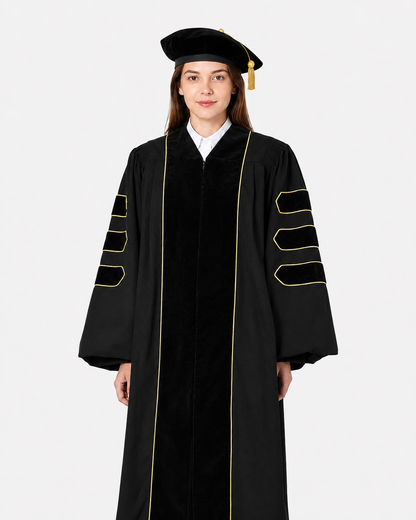 Super Deluxe Doctoral Gown Tam -Black Trim with Gold Piping