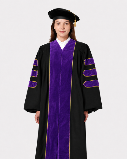 Super Deluxe Doctoral Gown Tam -Purple Trim with Gold Piping