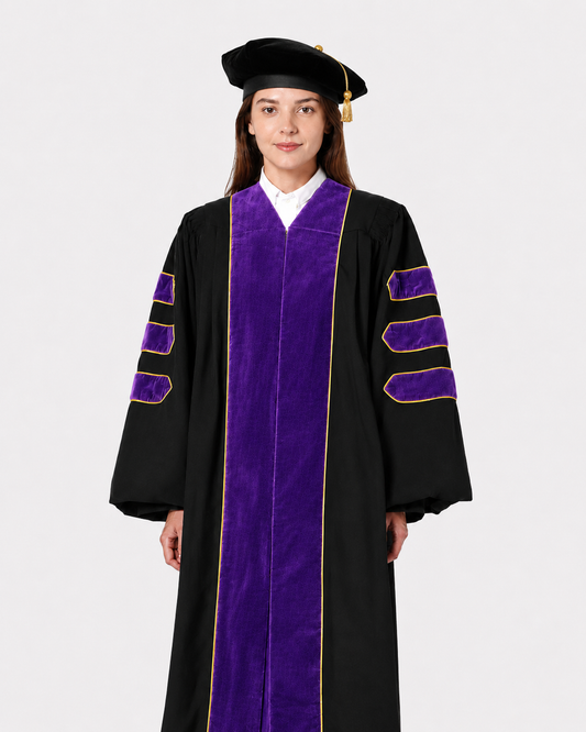 Super Deluxe Doctoral Gown Tam -Purple Trim with Gold Piping