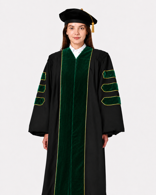 Super Deluxe Doctoral Gown Tam - Emerald green Trim with Gold Piping