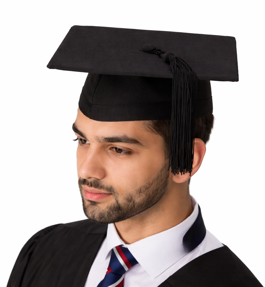 Graduate wearing a black cap and gown with a striped tie on a white background