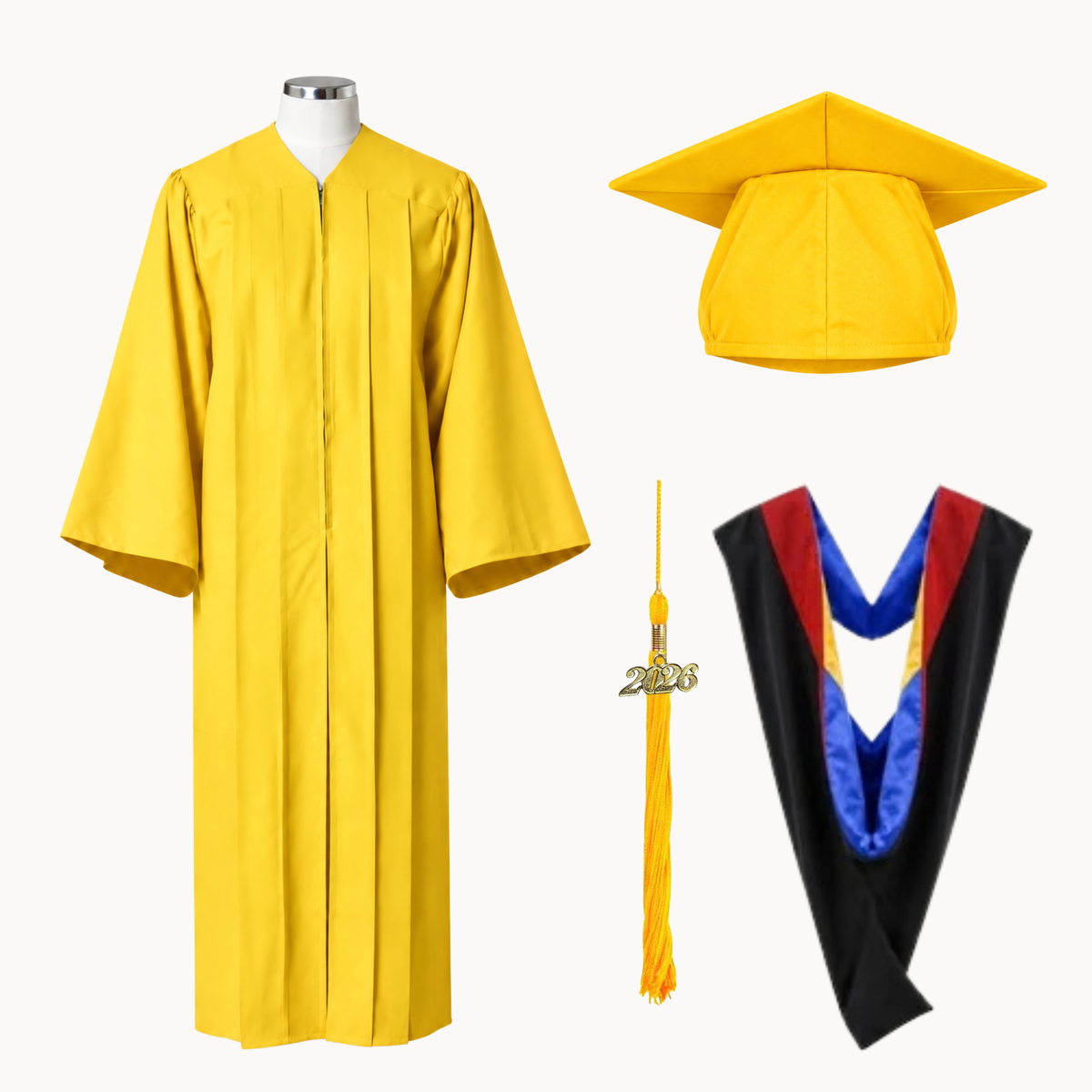 Classic Matte Gathered Bachelor Graduation Gown, Cap, Tassel & Hood Package