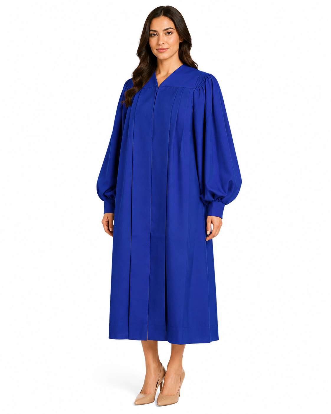 Woman wearing a blue dress on a white background